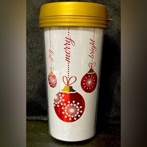 Christmas Acrylic Cup with ornaments & verbiage “Joy, Merry, Bright”- new